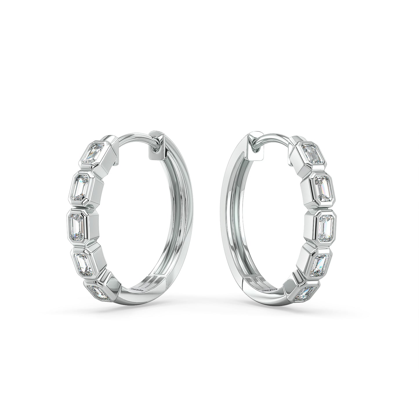 ROSE BEZEL SET EMERALD CUT LAB GROWN DIAMOND HALF ETERNITY HOOPS, GOLD