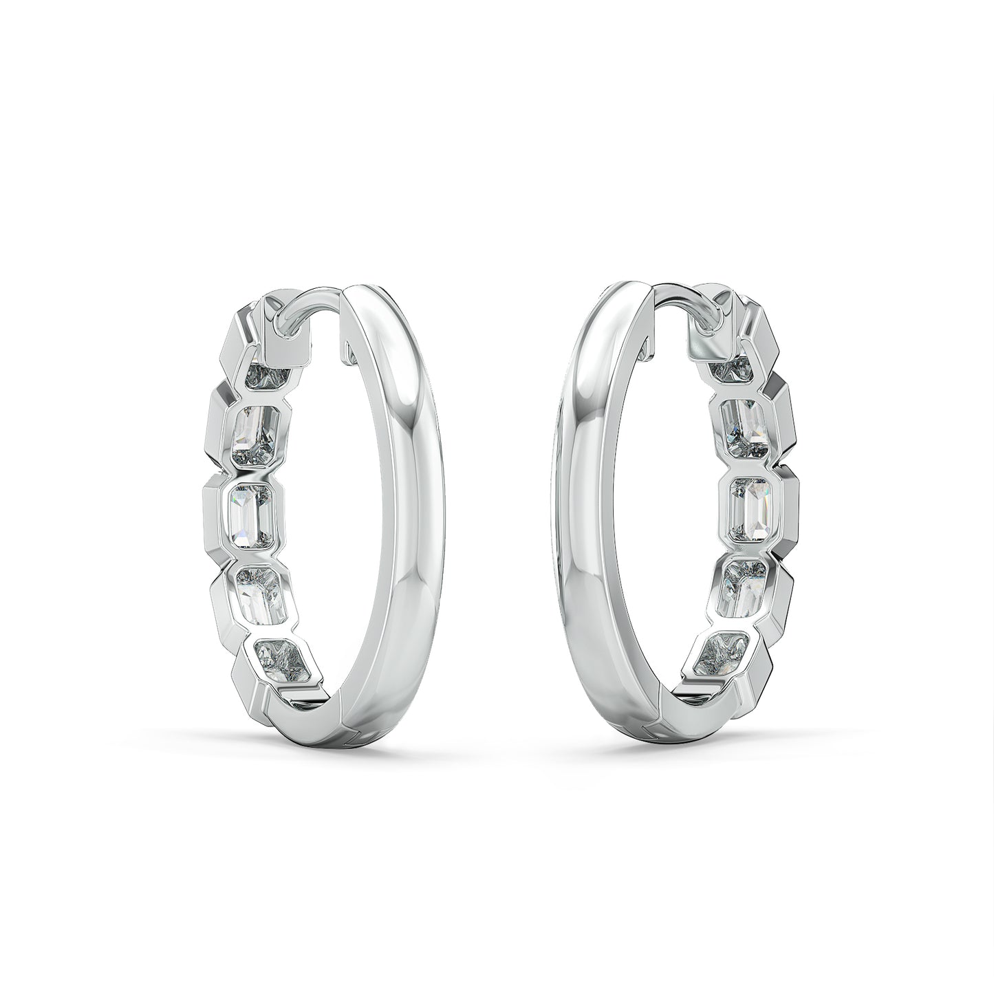 ROSE BEZEL SET EMERALD CUT LAB GROWN DIAMOND HALF ETERNITY HOOPS, GOLD