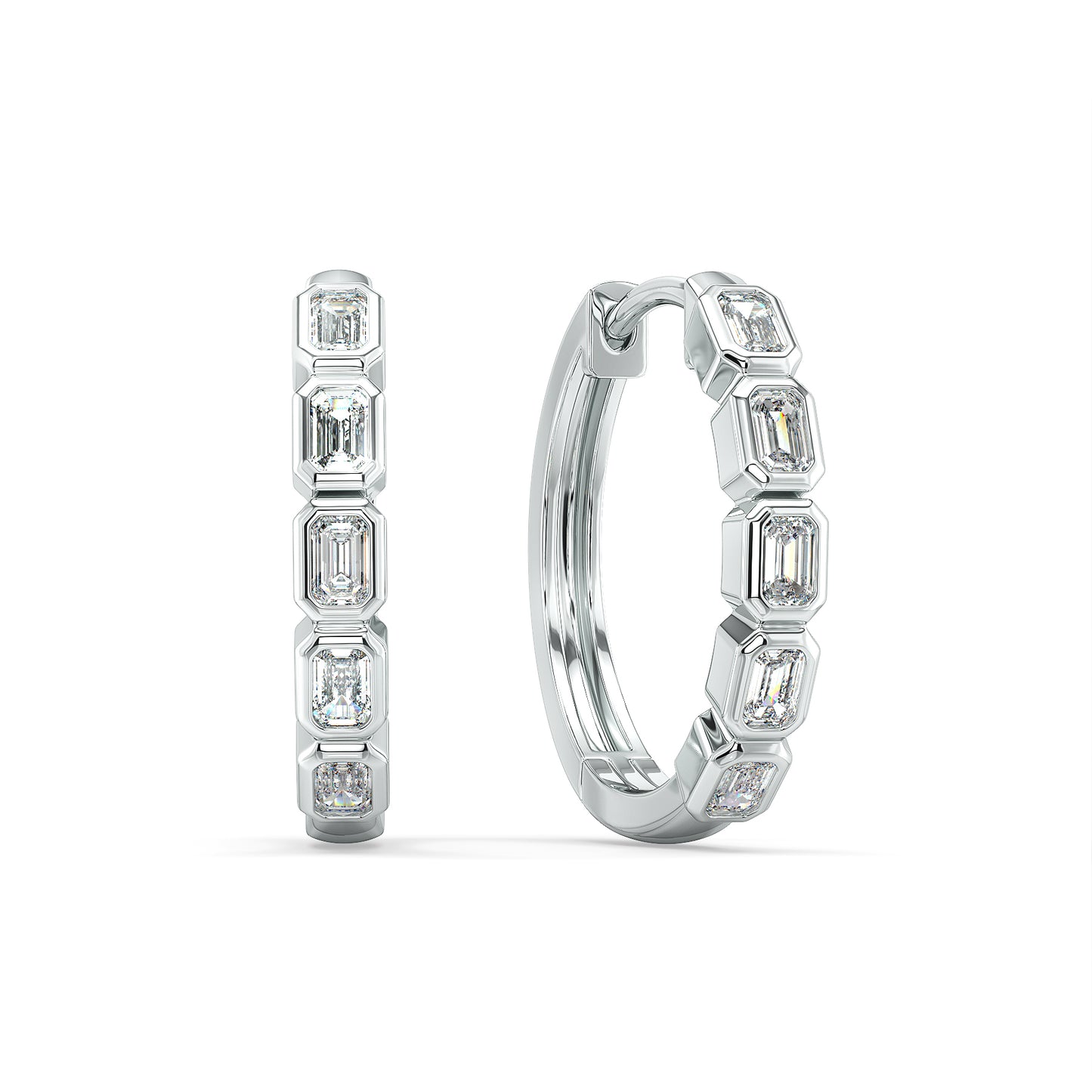 ROSE BEZEL SET EMERALD CUT LAB GROWN DIAMOND HALF ETERNITY HOOPS, GOLD