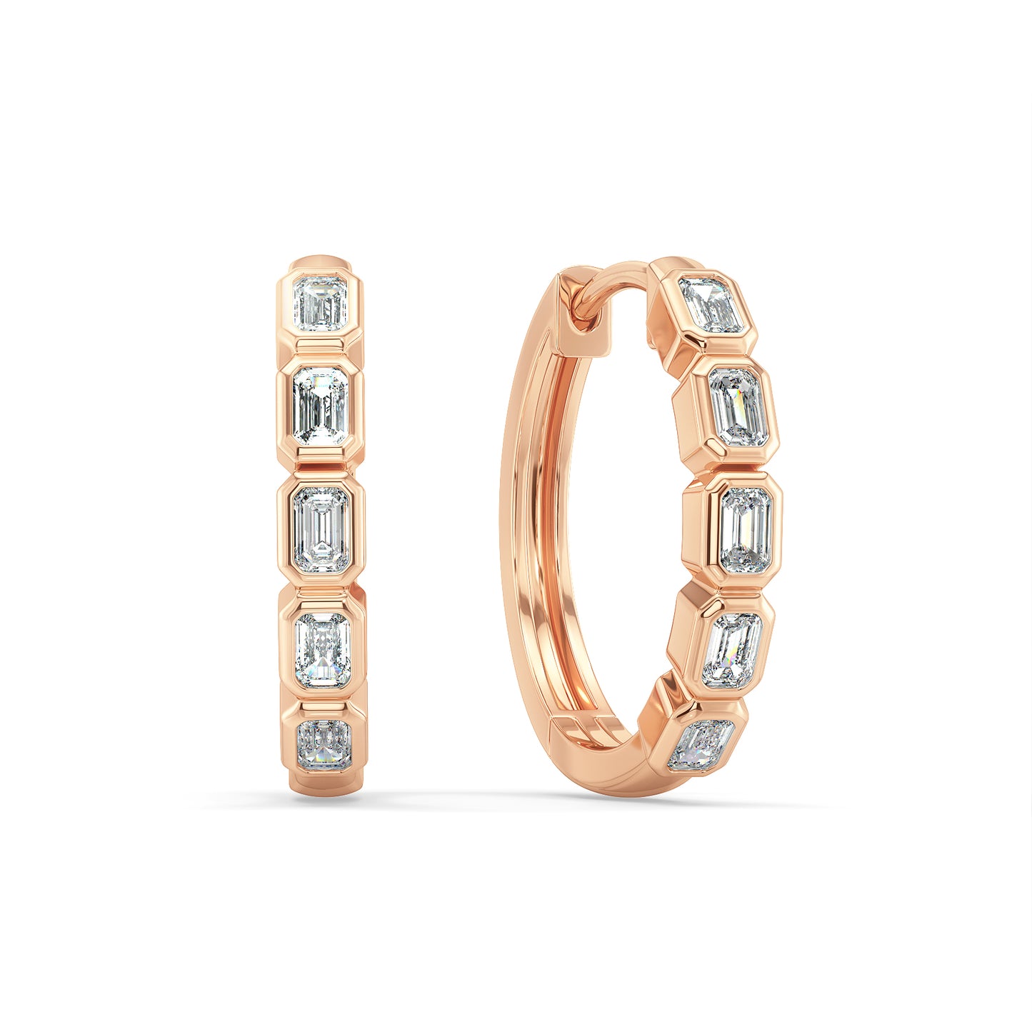 ROSE BEZEL SET EMERALD CUT LAB GROWN DIAMOND HALF ETERNITY HOOPS, GOLD