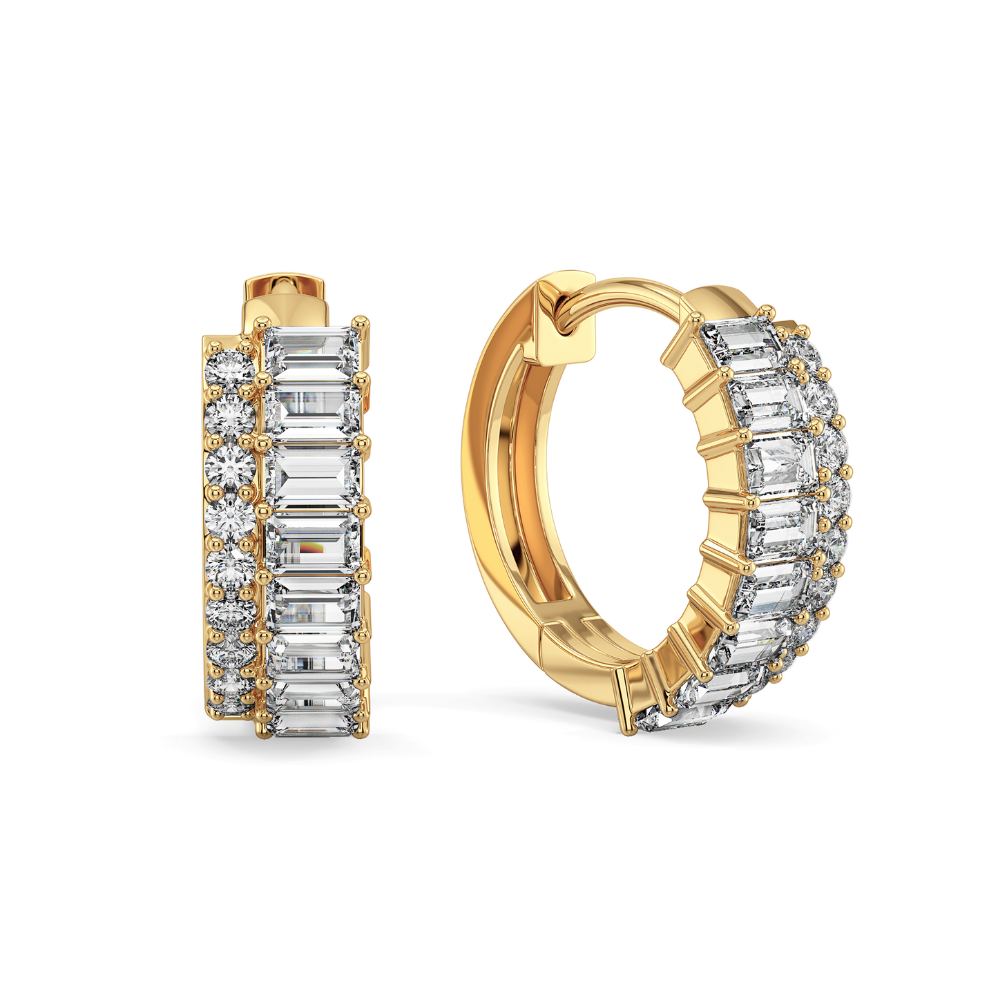 DAMAS DOUBLE ROW BAGUETTE AND ROUND CUT LAB GROWN DIAMOND HUGGIES, GOLD