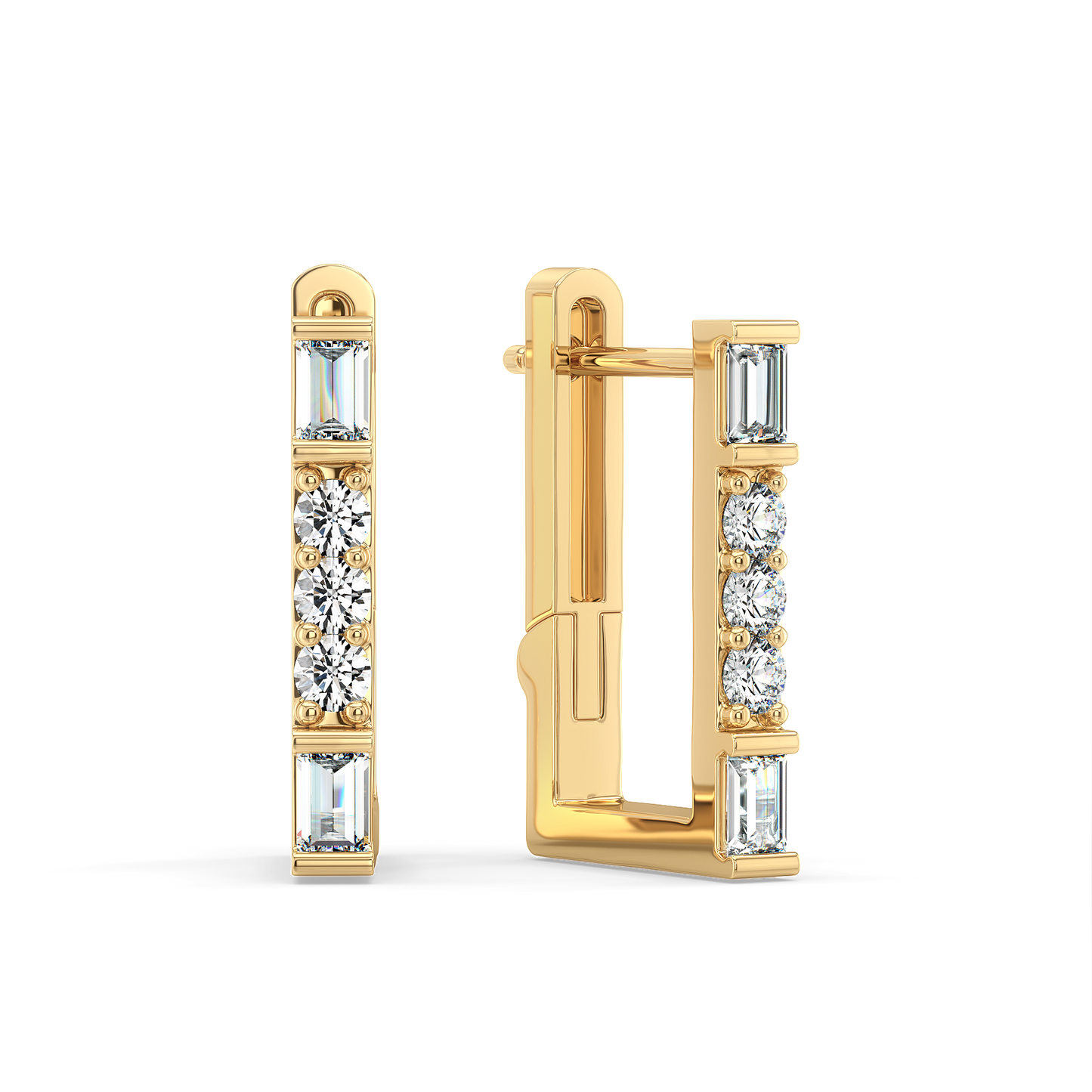 DAMAS HALF BEZEL SET BAGUETTE AND ROUND CUT LAB GROWN DIAMOND HUGGIES, GOLD