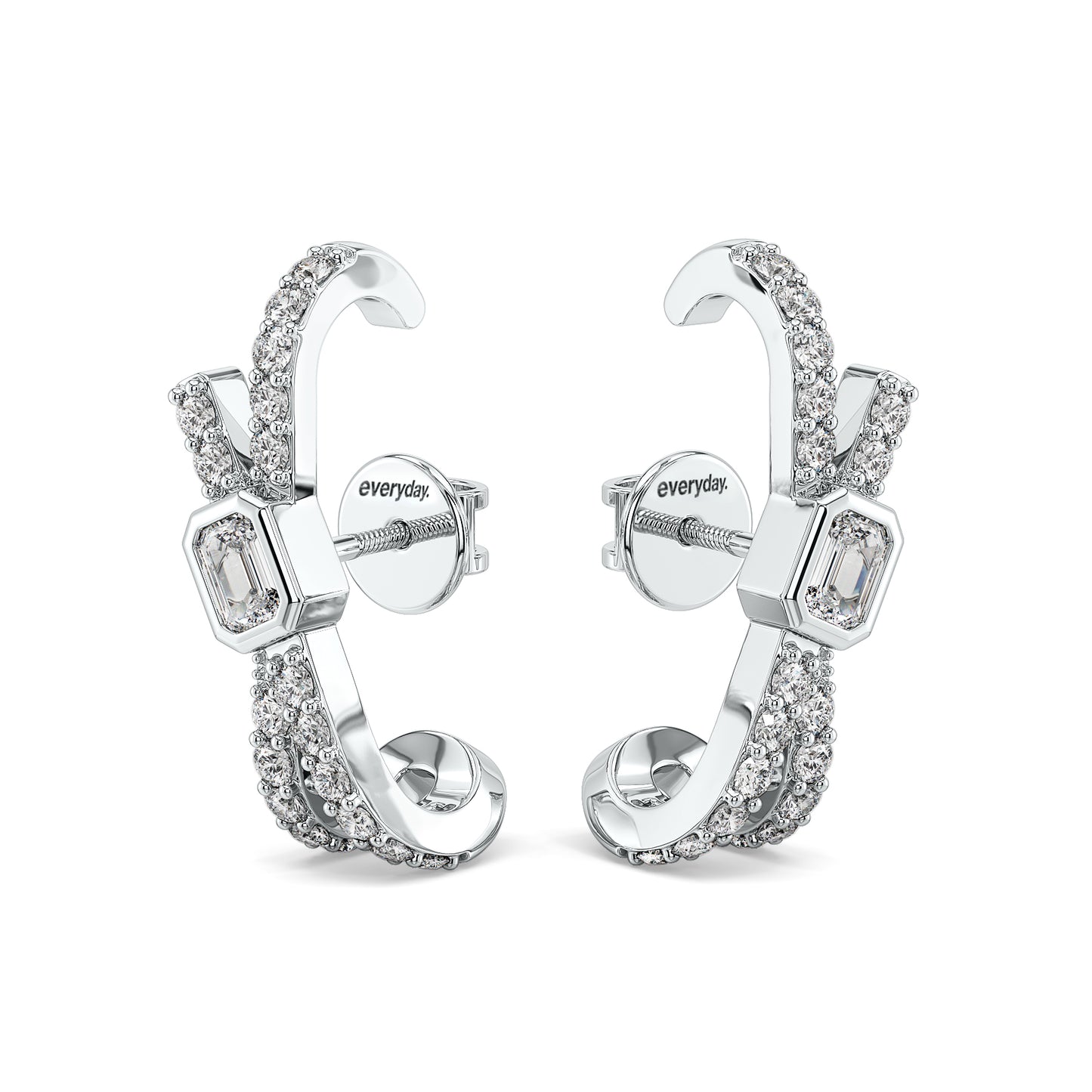 KATE BEZEL SET EMERALD CUT LAB GROWN DIAMOND STUDDED HOOPS IN A FANCY SETTING, GOLD