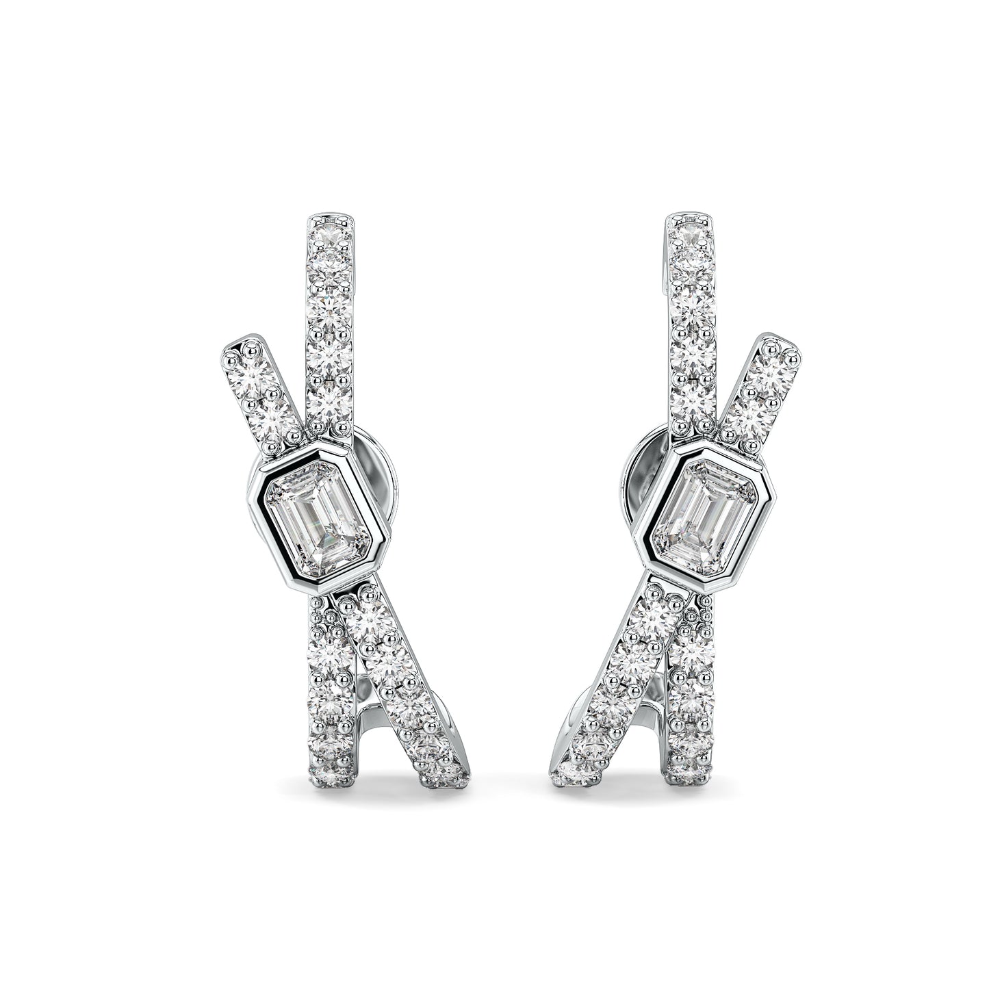 KATE BEZEL SET EMERALD CUT LAB GROWN DIAMOND STUDDED HOOPS IN A FANCY SETTING, GOLD