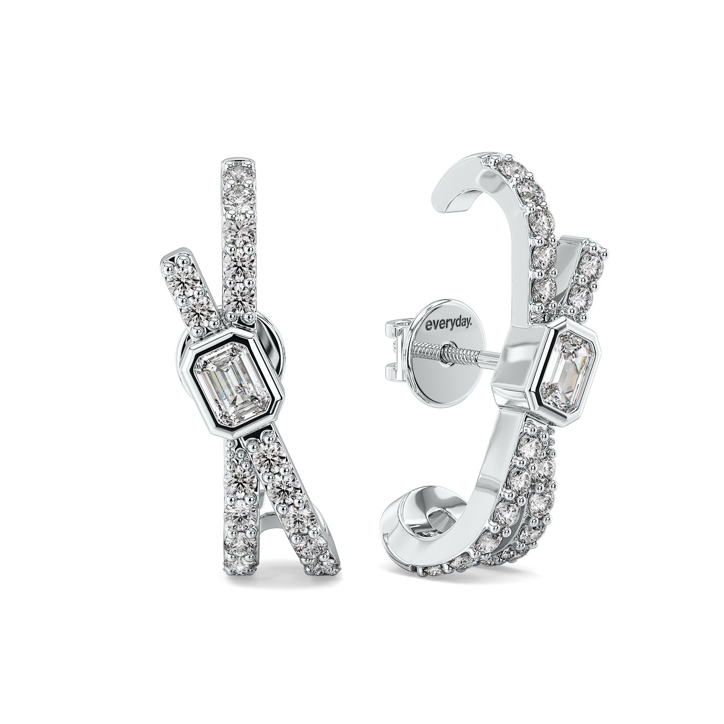KATE BEZEL SET EMERALD CUT LAB GROWN DIAMOND STUDDED HOOPS IN A FANCY SETTING, GOLD