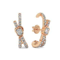 KATE BEZEL SET EMERALD CUT LAB GROWN DIAMOND STUDDED HOOPS IN A FANCY SETTING, GOLD