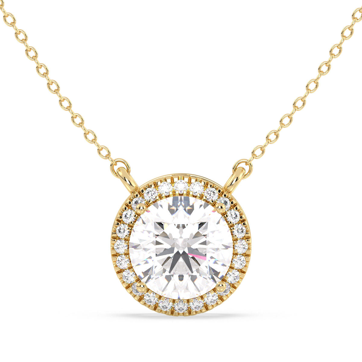 SOPHIA HALO ROUND CUT LAB GROWN DIAMOND SOLITAIRE, RIVIÈRE ELEGANT NECKLET, GOLD