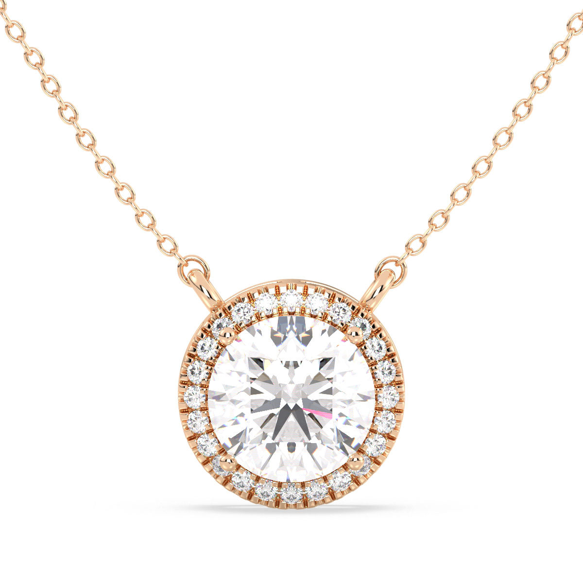 SOPHIA HALO ROUND CUT LAB GROWN DIAMOND SOLITAIRE, RIVIÈRE ELEGANT NECKLET, GOLD