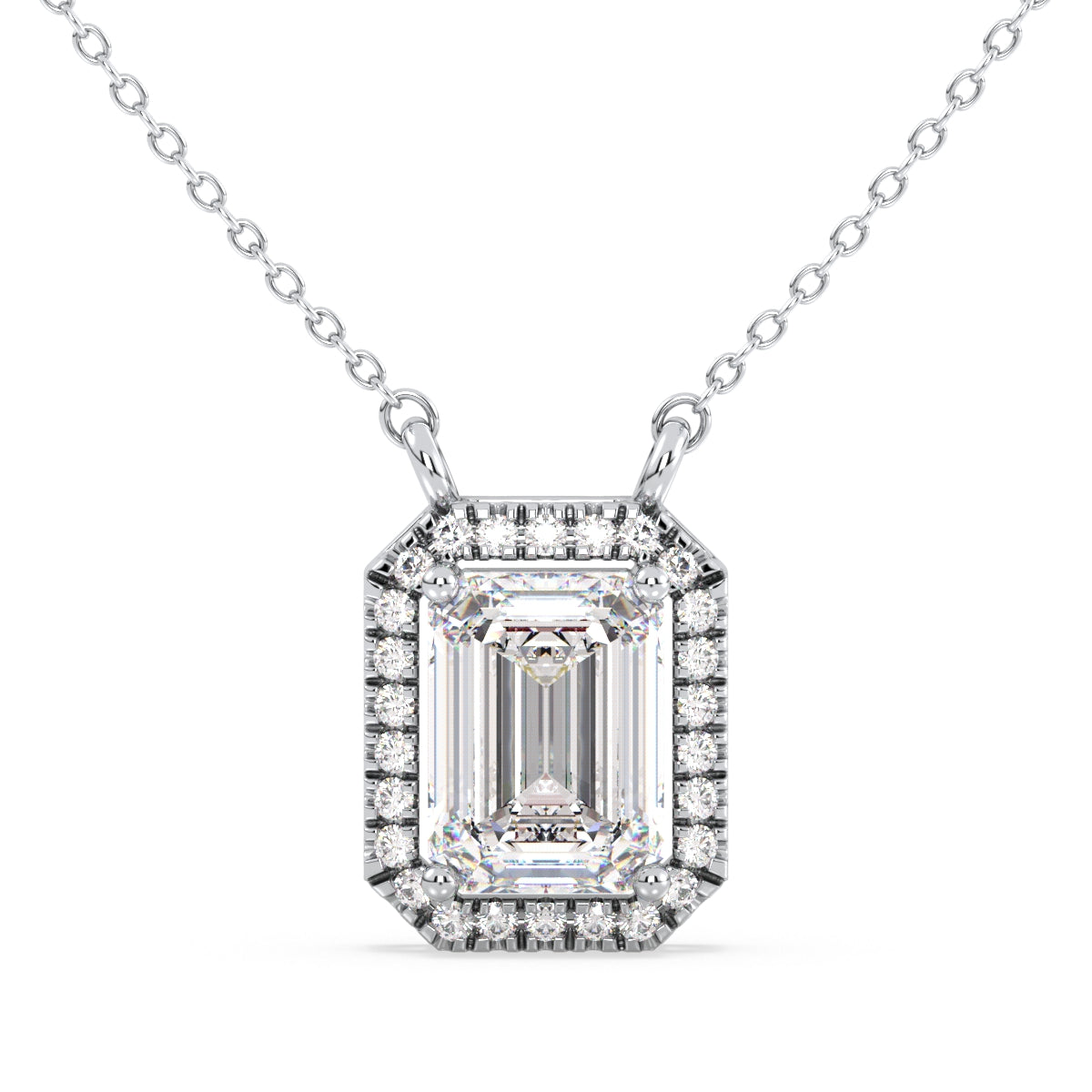 KATE HALO EMERALD CUT LAB GROWN DIAMOND SOLITAIRE, RIVIÈRE NECKLET, GOLD