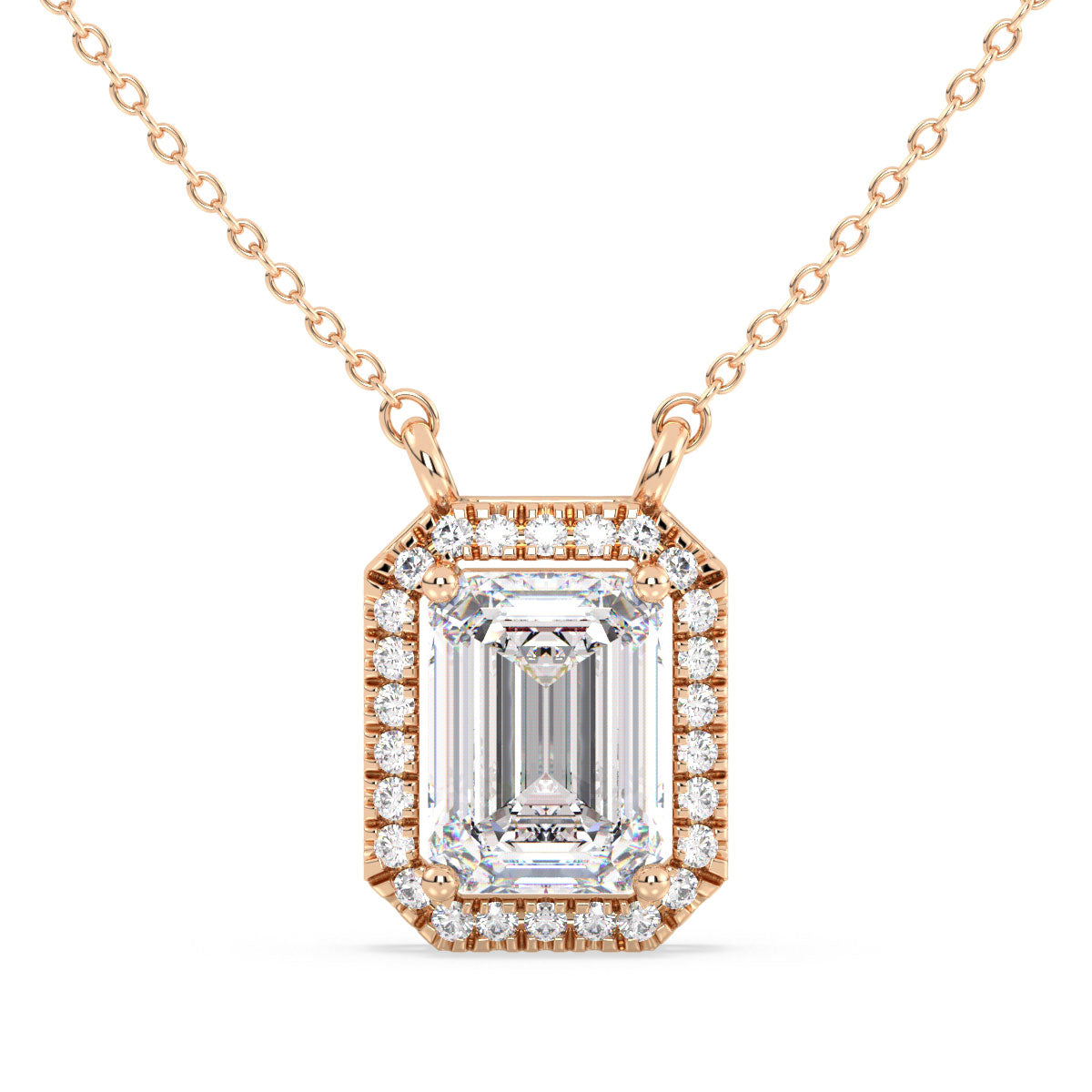 KATE HALO EMERALD CUT LAB GROWN DIAMOND SOLITAIRE, RIVIÈRE NECKLET, GOLD