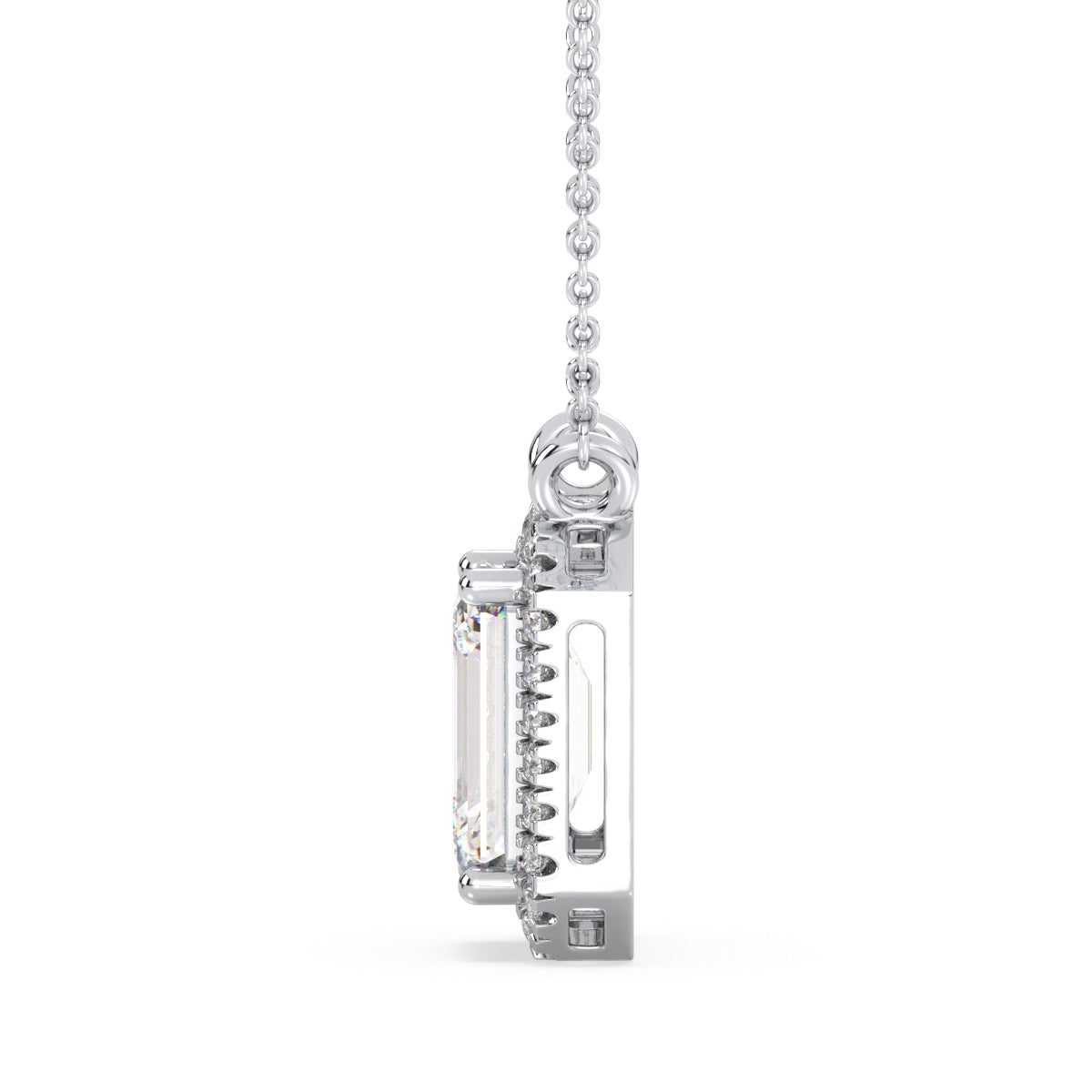 KATE HALO EMERALD CUT LAB GROWN DIAMOND SOLITAIRE, RIVIÈRE NECKLET, GOLD