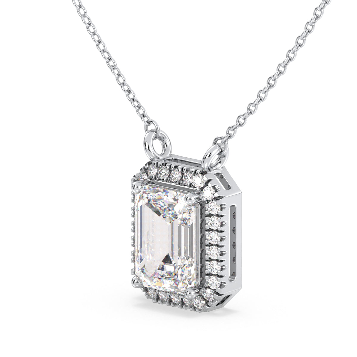 KATE HALO EMERALD CUT LAB GROWN DIAMOND SOLITAIRE, RIVIÈRE NECKLET, GOLD