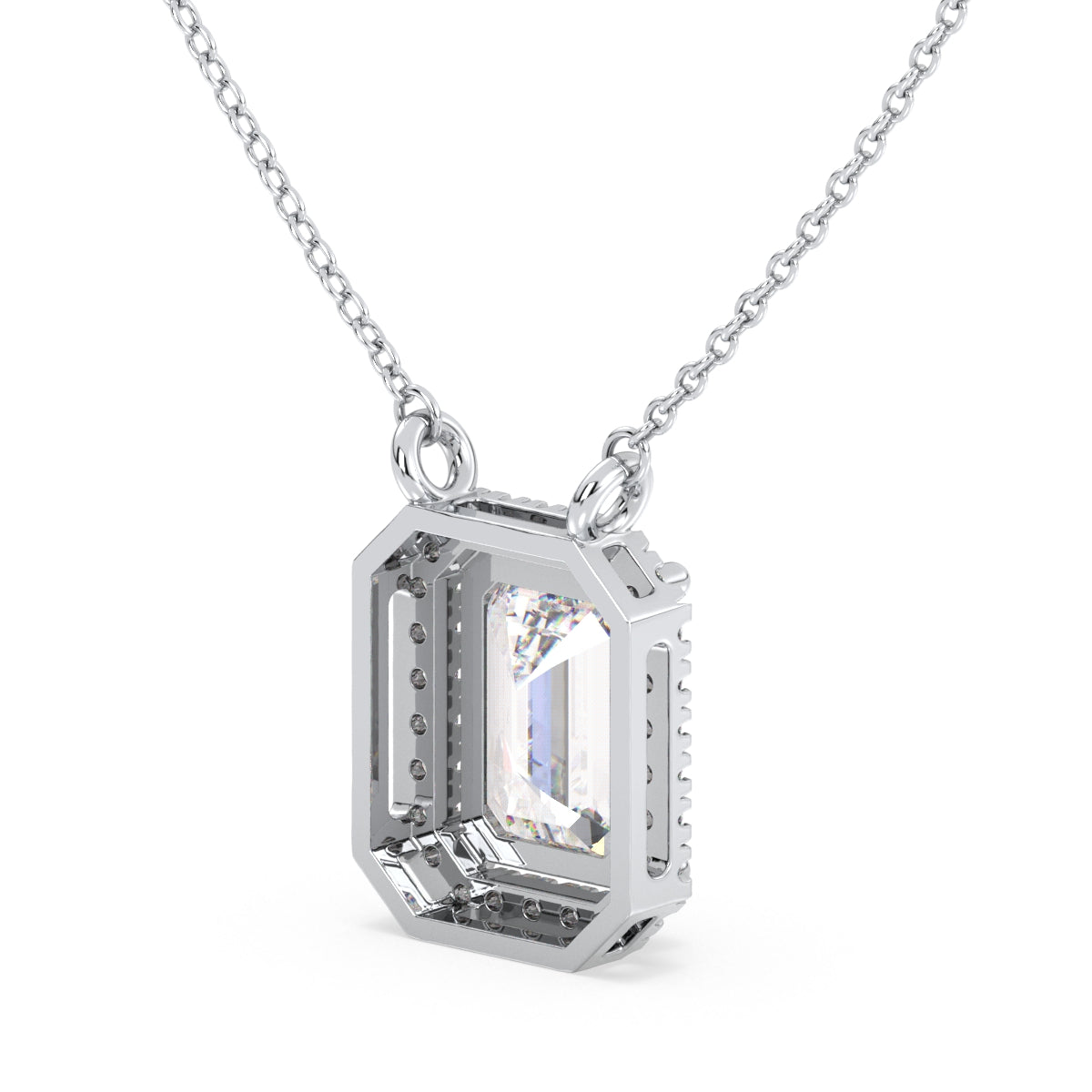 KATE HALO EMERALD CUT LAB GROWN DIAMOND SOLITAIRE, RIVIÈRE NECKLET, GOLD