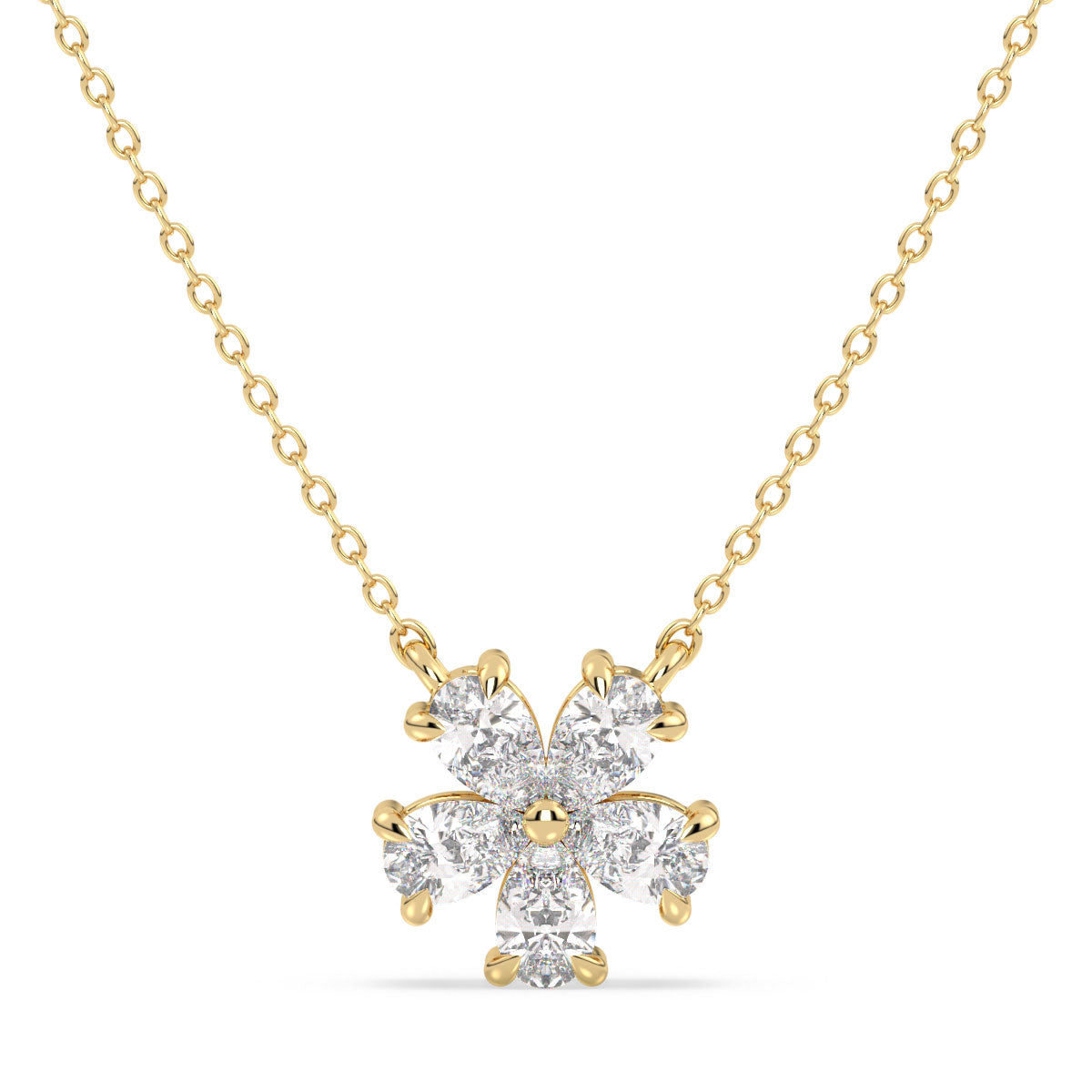 MARGUERITE PEAR CUT LAB GROWN DIAMOND FIVE PETAL FLOWER ELEGANT NECKLET, GOLD