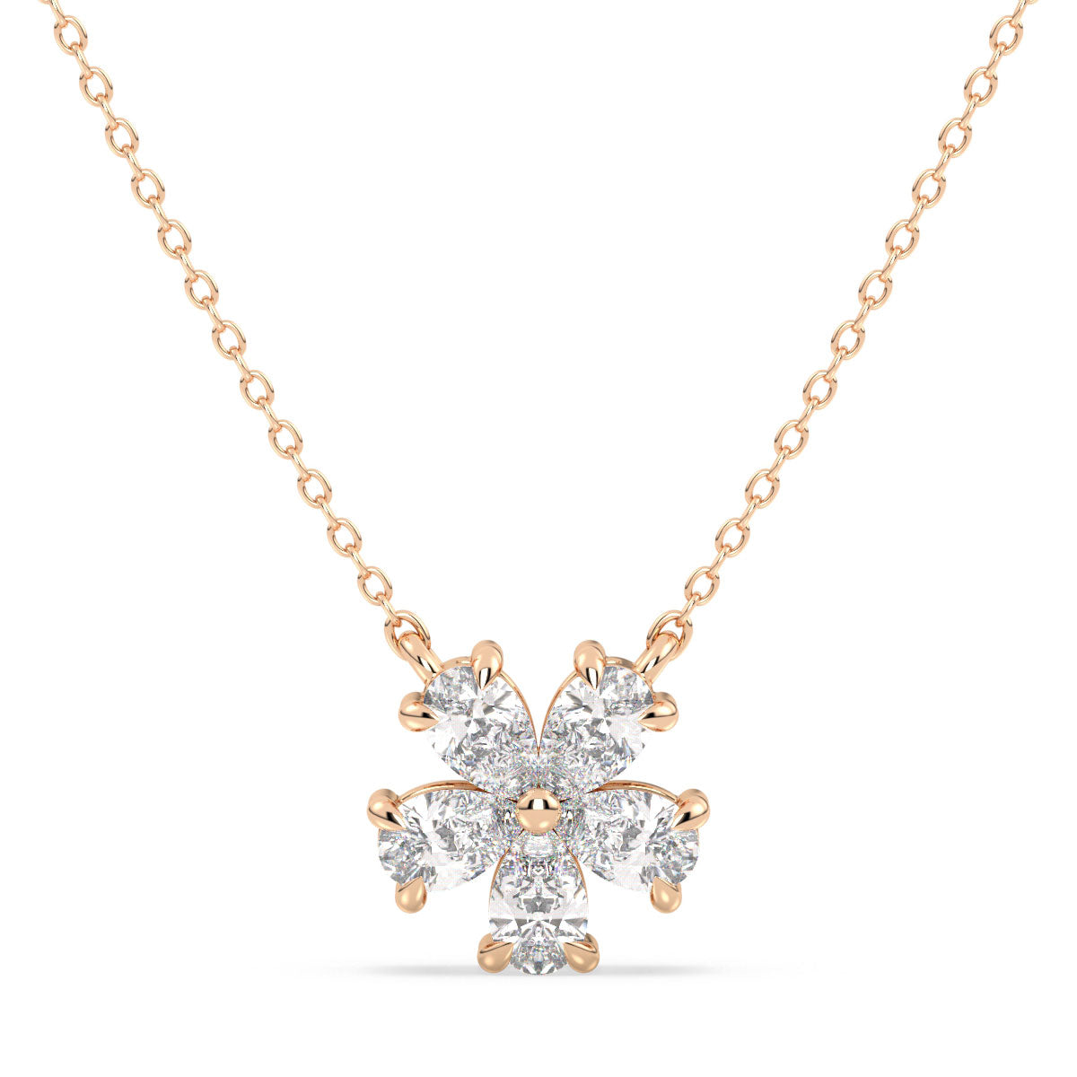 MARGUERITE PEAR CUT LAB GROWN DIAMOND FIVE PETAL FLOWER ELEGANT NECKLET, GOLD