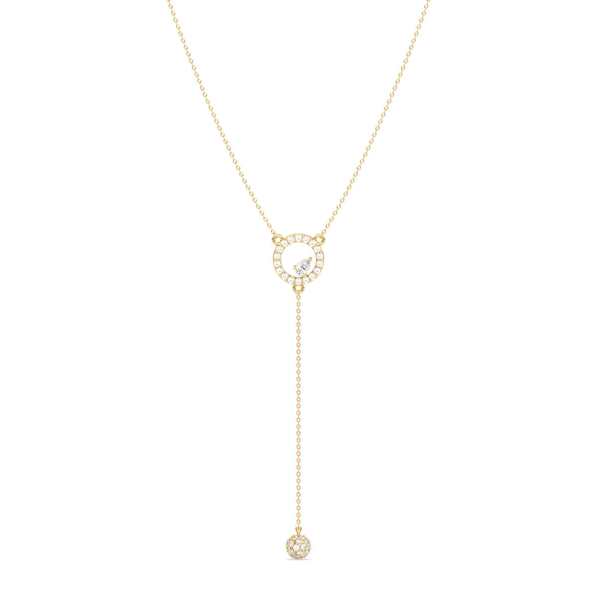 SOPHIA LARIAT HALO SET ROUND AND PEAR CUT LAB GROWN DIAMOND ELEGANT EVERYDAY WEAR NECKLACE, GOLD