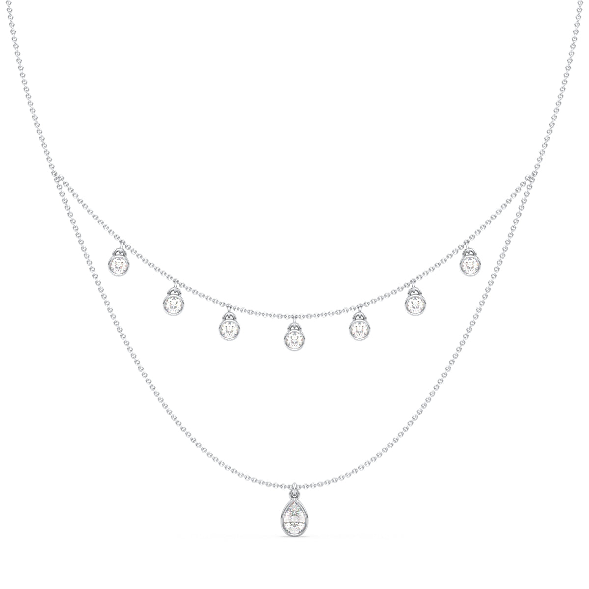 CLARETTE LAYERED BEZEL SET PEAR AND ROUND CUT LAB GROWN DIAMOND NECKLACE, GOLD