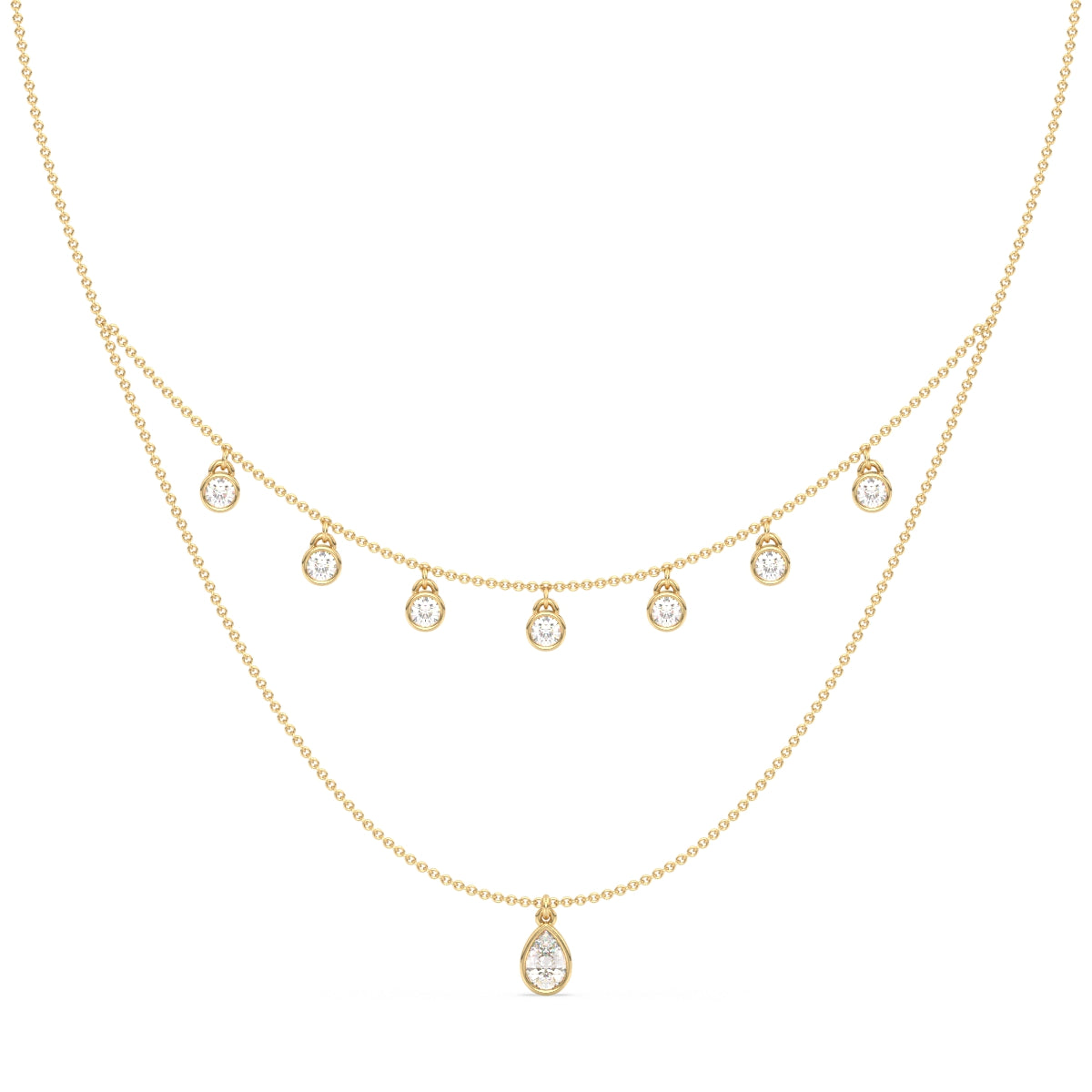 CLARETTE LAYERED BEZEL SET PEAR AND ROUND CUT LAB GROWN DIAMOND NECKLACE, GOLD