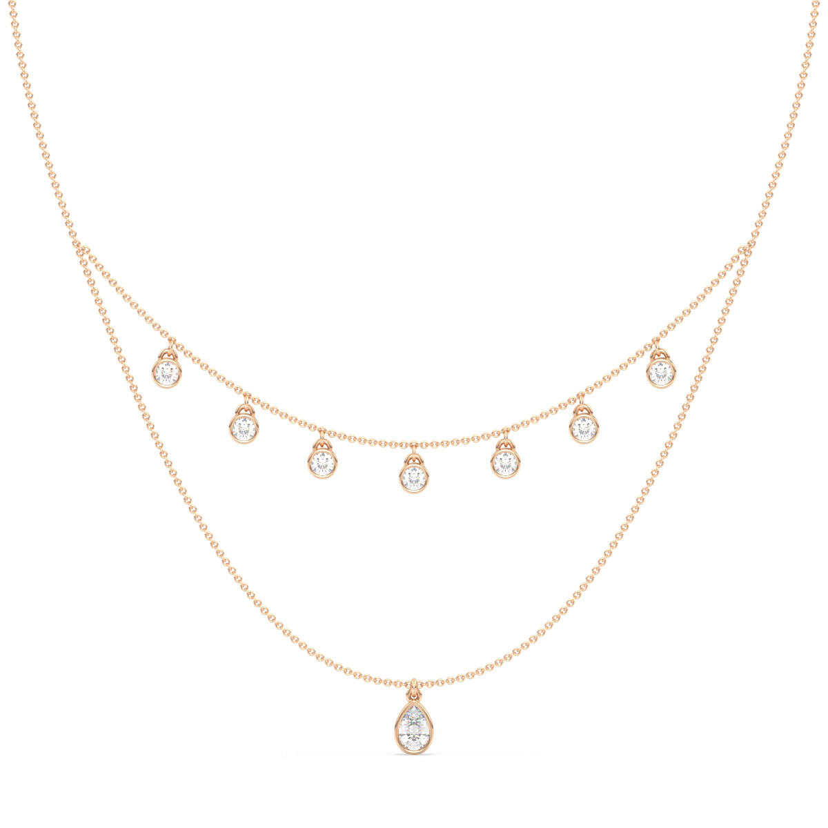 CLARETTE LAYERED BEZEL SET PEAR AND ROUND CUT LAB GROWN DIAMOND NECKLACE, GOLD