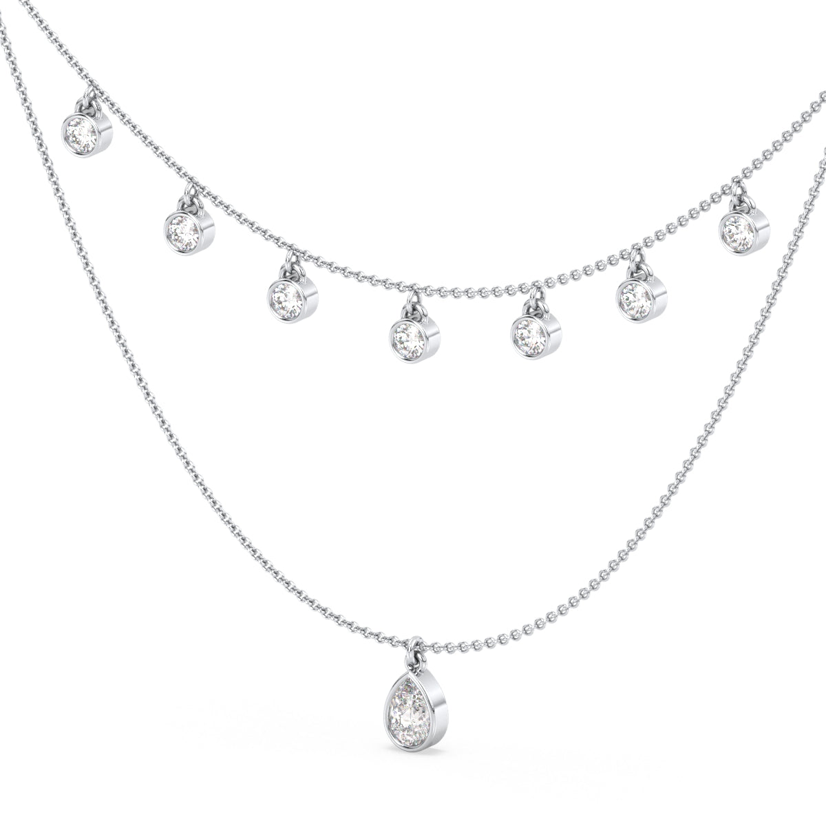 CLARETTE LAYERED BEZEL SET PEAR AND ROUND CUT LAB GROWN DIAMOND NECKLACE, GOLD