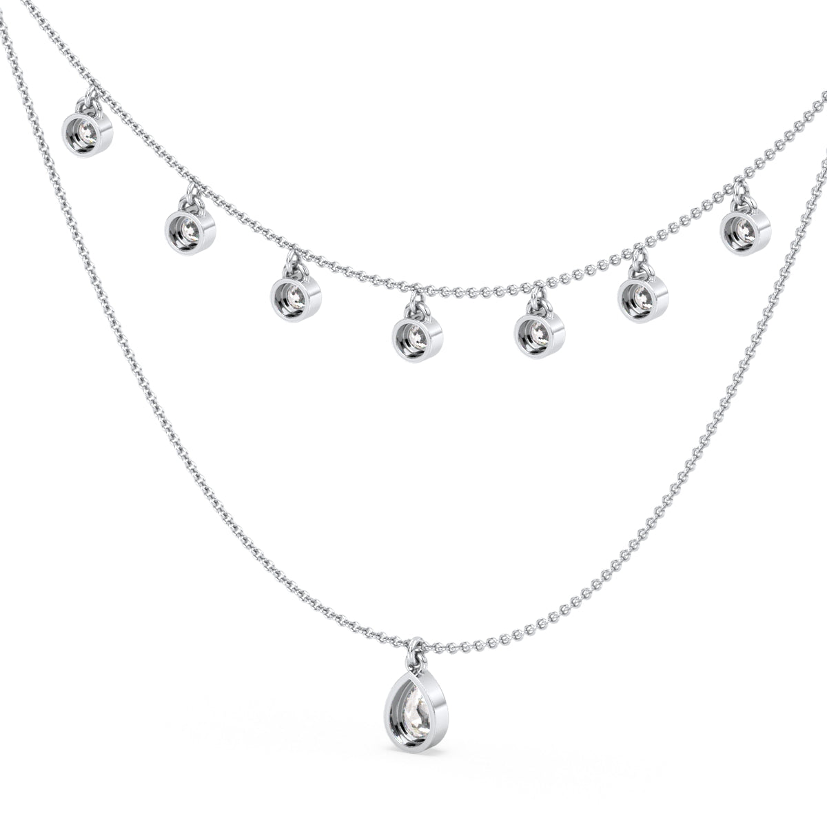 CLARETTE LAYERED BEZEL SET PEAR AND ROUND CUT LAB GROWN DIAMOND NECKLACE, GOLD