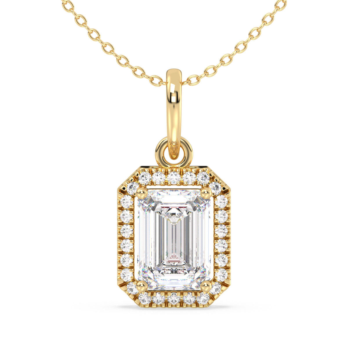 KATE HALO EMERALD CUT LAB GROWN DIAMOND SOLITAIRE ELEGANT PENDANT, GOLD