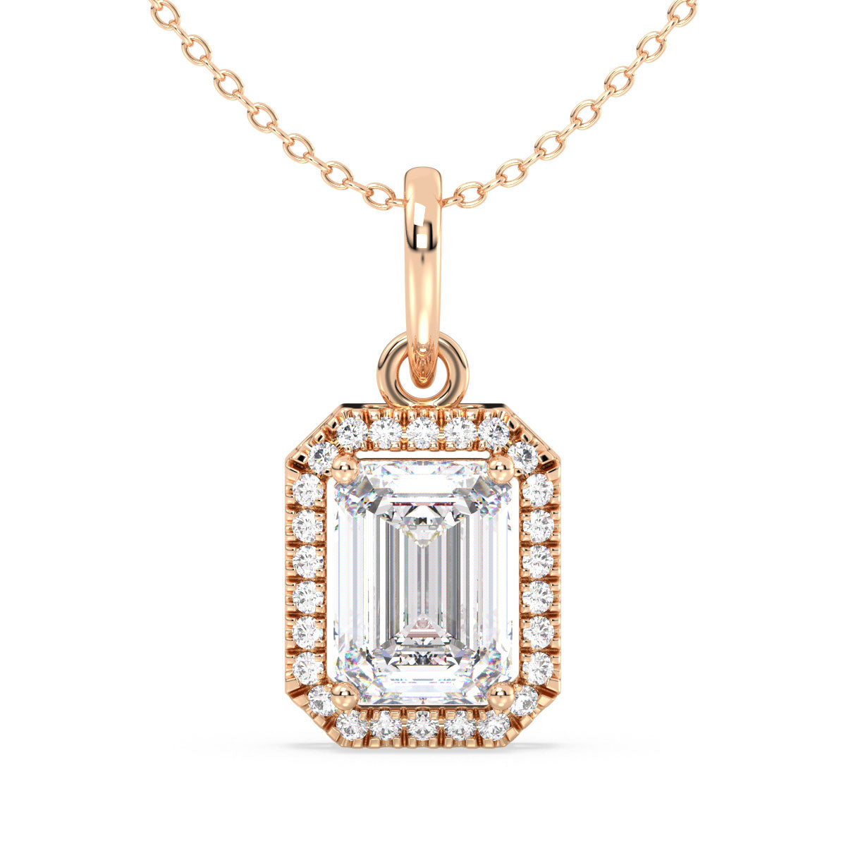 KATE HALO EMERALD CUT LAB GROWN DIAMOND SOLITAIRE ELEGANT PENDANT, GOLD