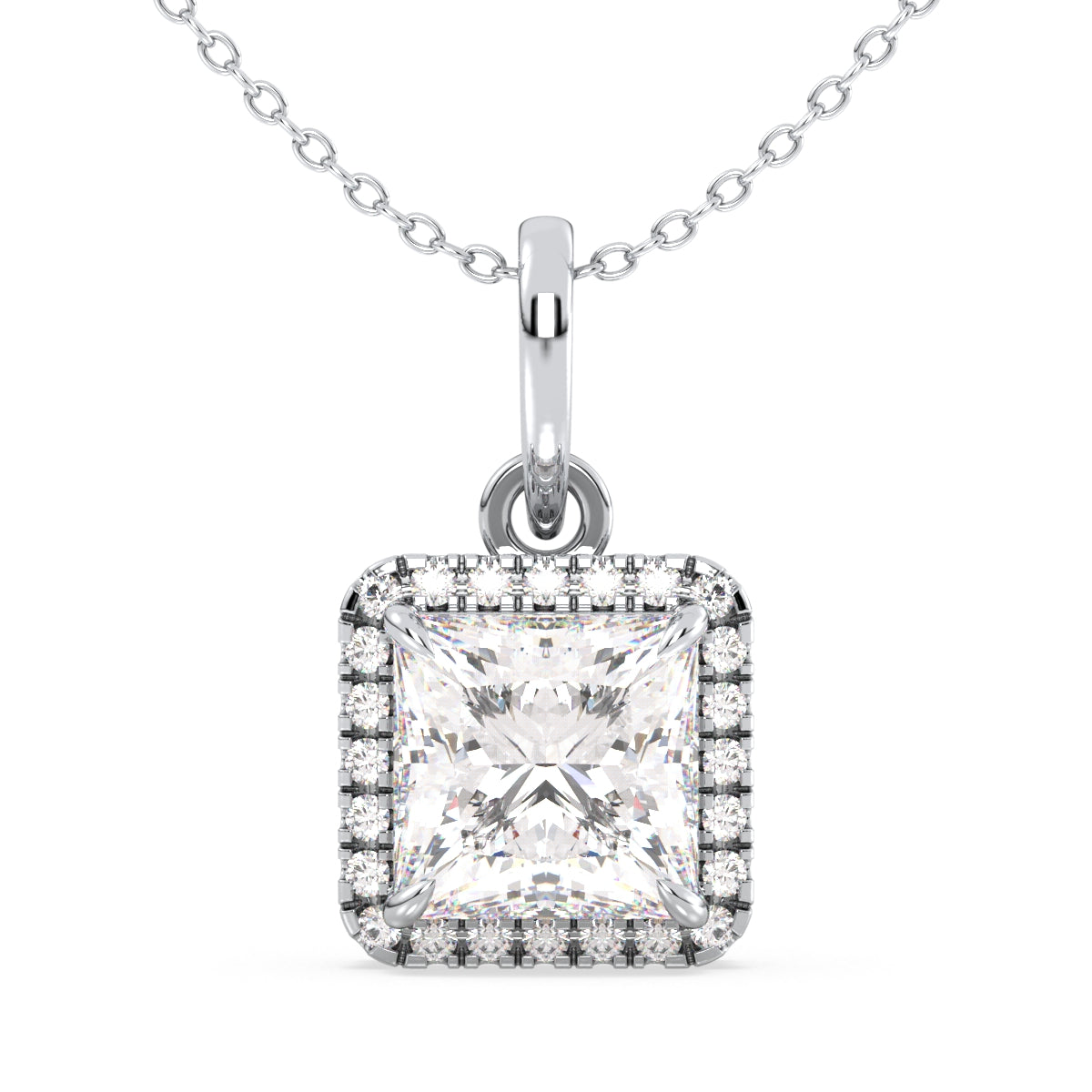 AZALEA  HALO PRINCESS CUT LAB GROWN DIAMOND SOLITAIRE PENDANT, GOLD