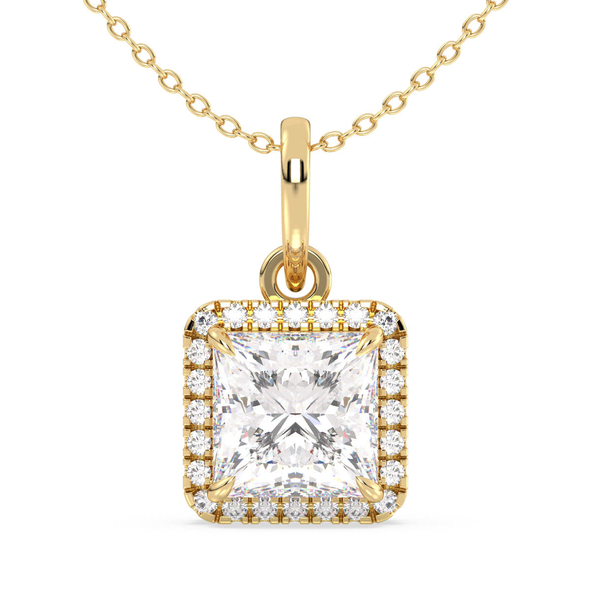 AZALEA  HALO PRINCESS CUT LAB GROWN DIAMOND SOLITAIRE PENDANT, GOLD