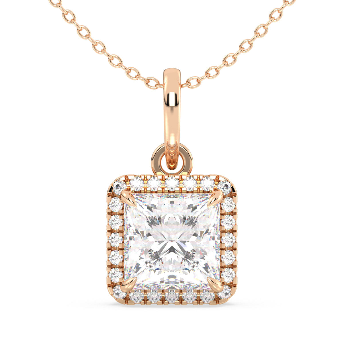 AZALEA  HALO PRINCESS CUT LAB GROWN DIAMOND SOLITAIRE PENDANT, GOLD