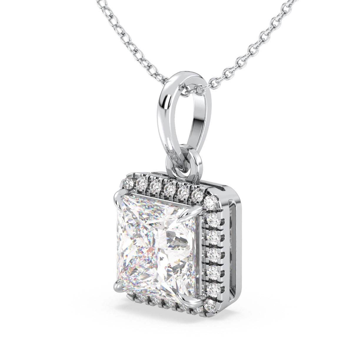 AZALEA  HALO PRINCESS CUT LAB GROWN DIAMOND SOLITAIRE PENDANT, GOLD