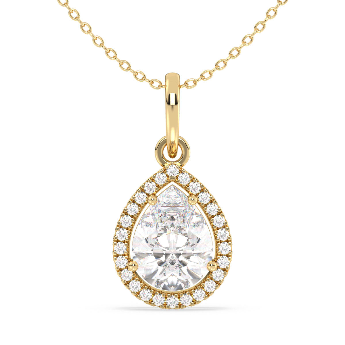 MARGUERITE HALO PEAR CUT LAB GROWN DIAMOND SOLITAIRE CLASSY PENDANT, GOLD