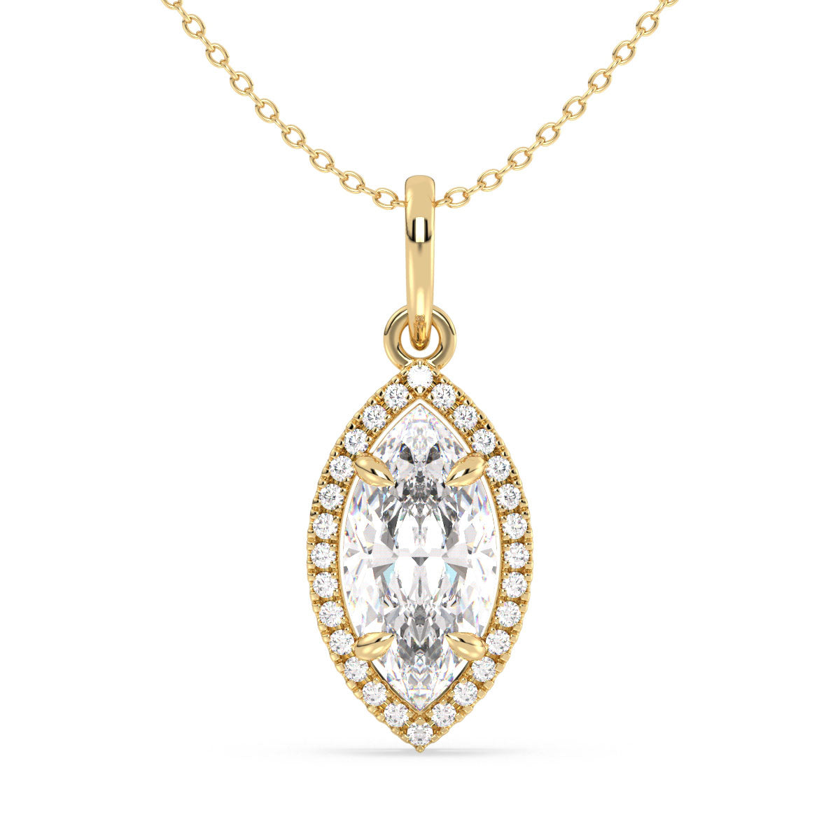 LILETTA HALO MARQUISE CUT LAB GROWN DIAMOND SOLITAIRE CLASSY PENDANT, GOLD