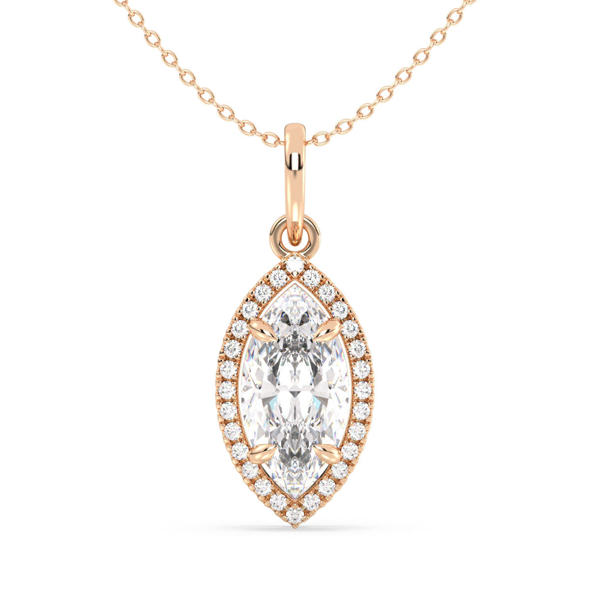 LILETTA HALO MARQUISE CUT LAB GROWN DIAMOND SOLITAIRE CLASSY PENDANT, GOLD