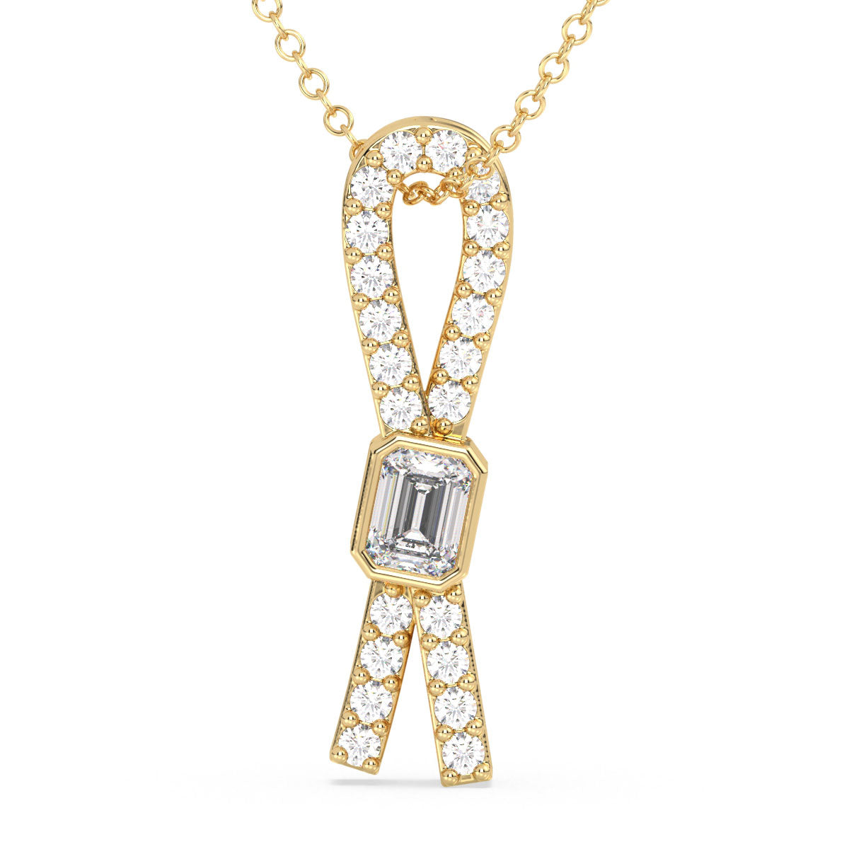 KATE LAB GROWN EMERALD CUT DIAMOND SET IN A STUDDED ELEGANT BOW PENDANT, GOLD