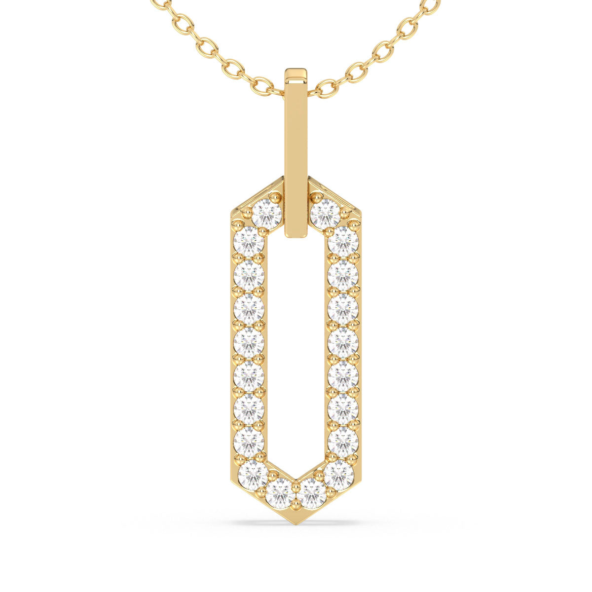 CLARETTE ROUND CUT LAB GROWN DIAMOND STUDDED LONG HEXAGONAL PENDANT, GOLD