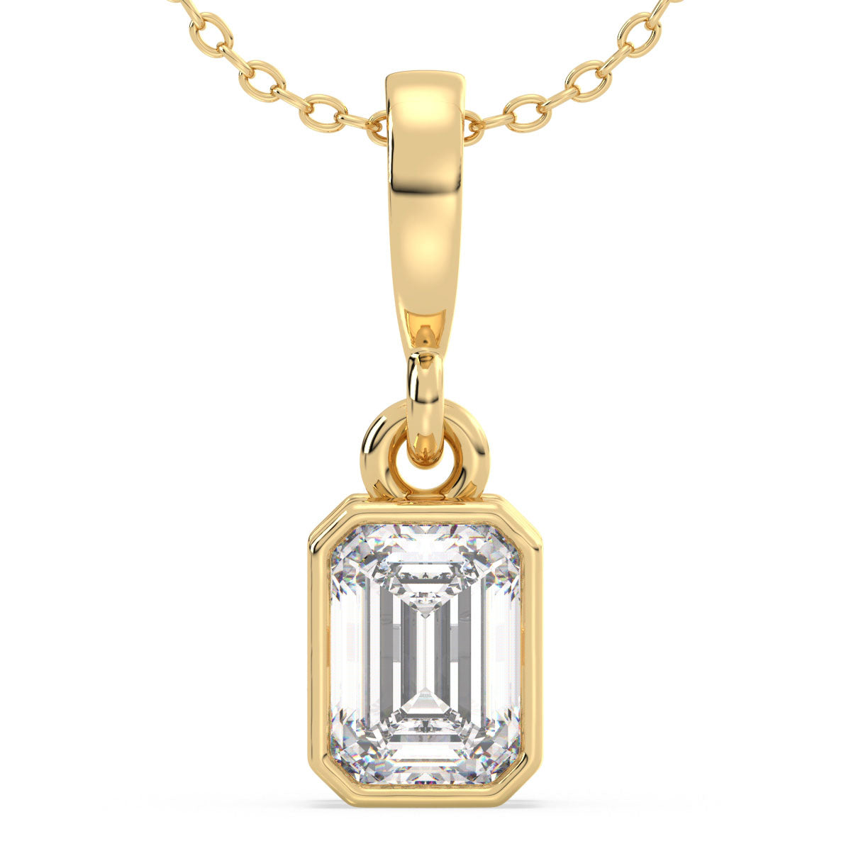 KATE BEZEL SET EMERALD CUT LAB GROWN DIAMOND ELEGANT PENDANT, GOLD