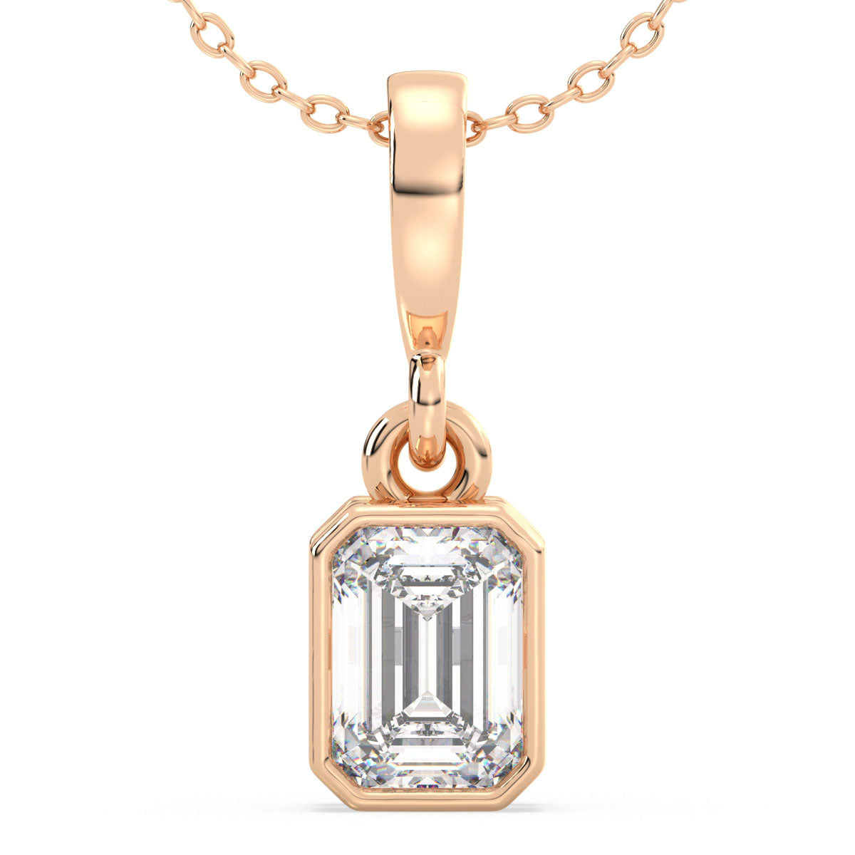 KATE BEZEL SET EMERALD CUT LAB GROWN DIAMOND ELEGANT PENDANT, GOLD