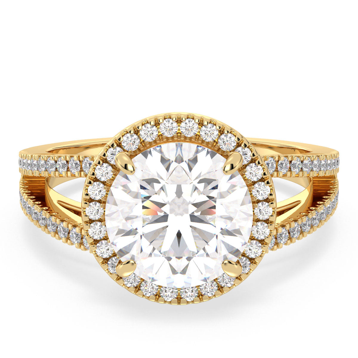 SOPHIA HALO LAB GROWN DIAMOND SOLITAIRE SPLIT SHANK ENGAGEMENT RING WITH SIDE STONES, GOLD