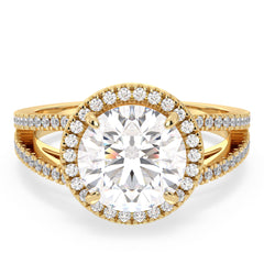 SOPHIA HALO LAB GROWN DIAMOND SOLITAIRE SPLIT SHANK ENGAGEMENT RING WITH SIDE STONES, GOLD