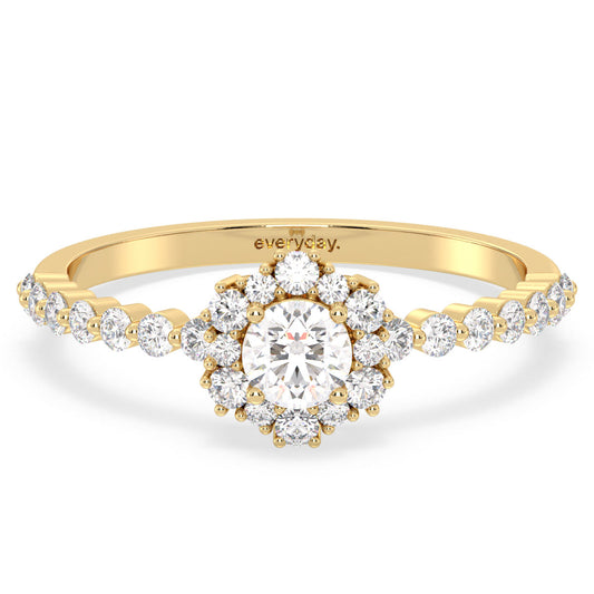 CLARETTE EXQUISITE GEOMETRIC ROUND CUT LAB GROWN DIAMOND RING WITH SIDE STONES, GOLD