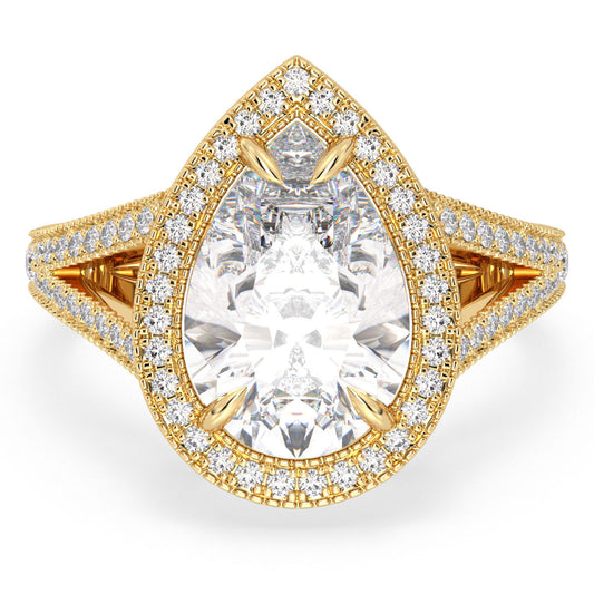 MARGUERITE HALO PEAR CUT LAB GROWN DIAMOND SOLITIARE ENGAGEMENT RING WITH SPLIT SHANK, GOLD