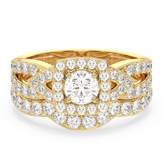 DAISY SQUARE HALO ROUND CUT LAB GROWN DIAMOND SOLITAIRE ENGAGEMENT RING WITH SPLIT SHANK, GOLD