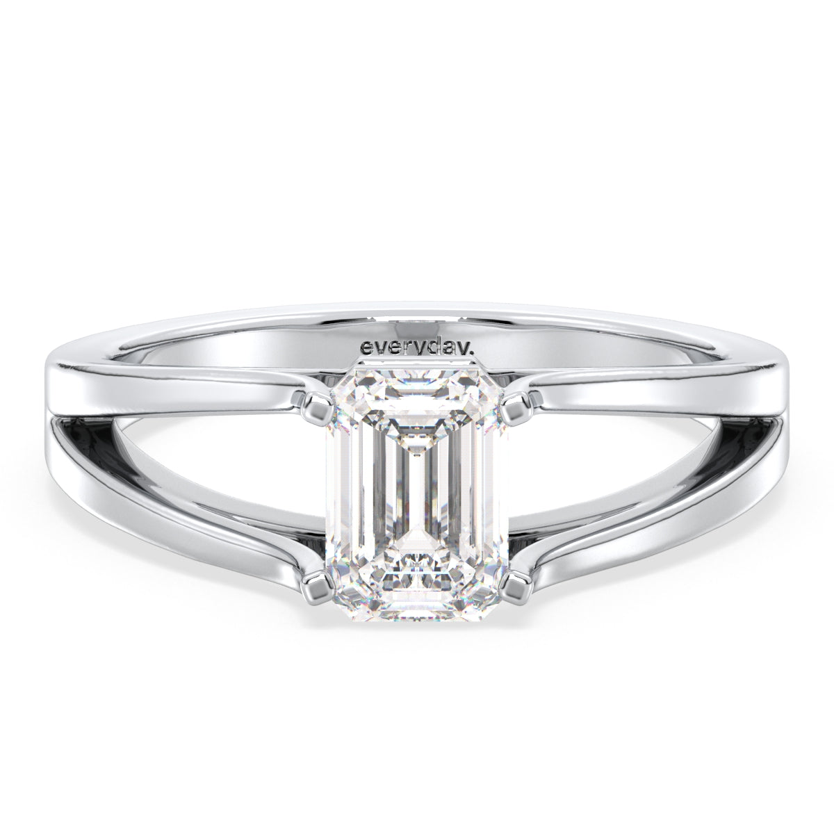 KATE EMERALD CUT LAB GROWN DIAMOND SOLITAIRE SPLIT SHANK ENGAGEMENT RING, GOLD