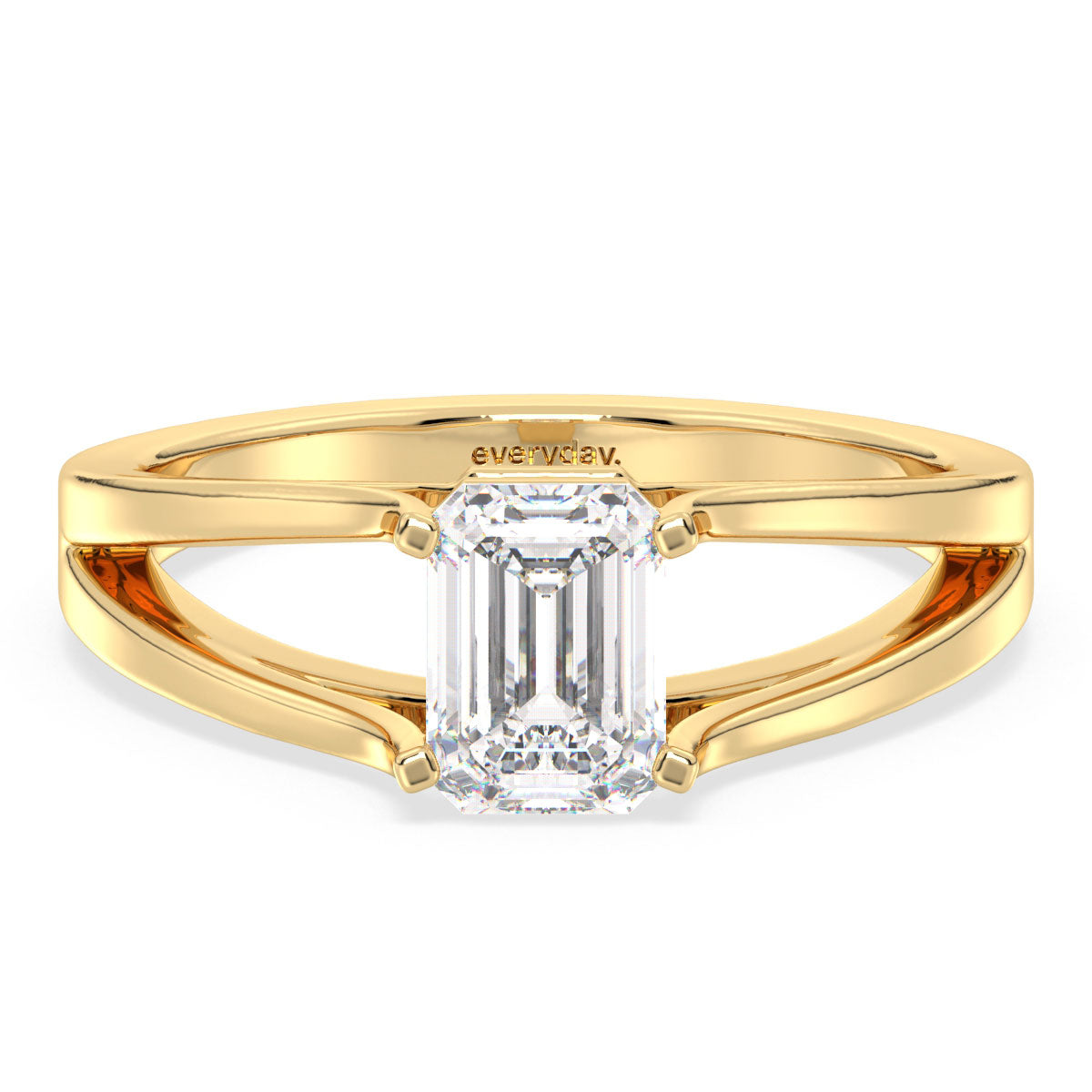 KATE EMERALD CUT LAB GROWN DIAMOND SOLITAIRE SPLIT SHANK ENGAGEMENT RING, GOLD