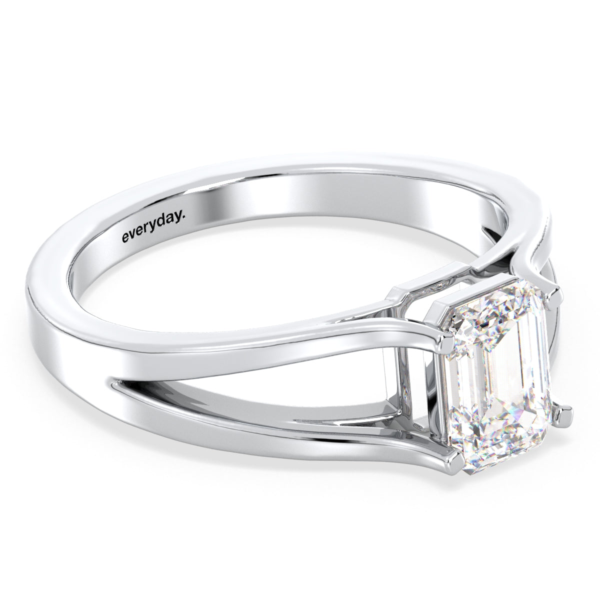 KATE EMERALD CUT LAB GROWN DIAMOND SOLITAIRE SPLIT SHANK ENGAGEMENT RING, GOLD