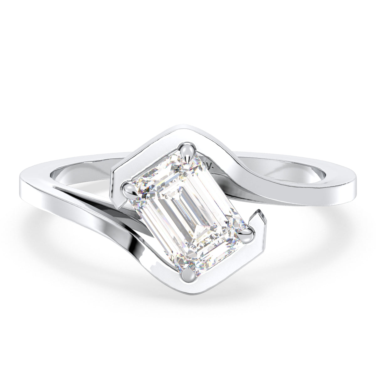 KATE EMERALD CUT LAB GROWN DIAMOND SOLITAIRE STYLIZED BYPASS ENGAGEMENT RING, GOLD