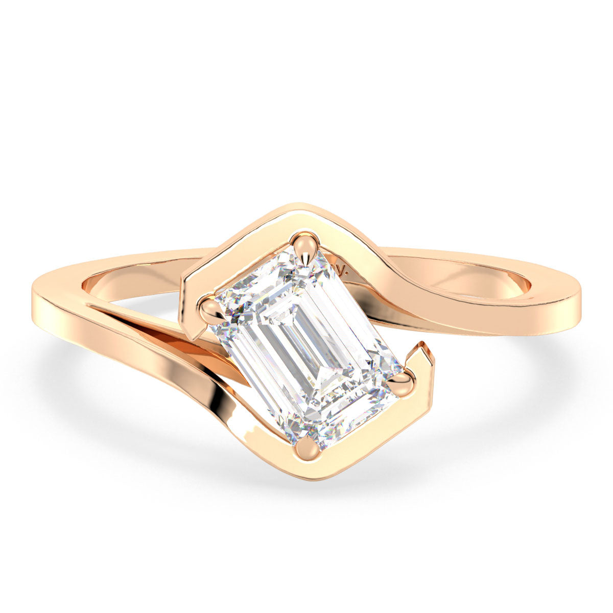 KATE EMERALD CUT LAB GROWN DIAMOND SOLITAIRE STYLIZED BYPASS ENGAGEMENT RING, GOLD