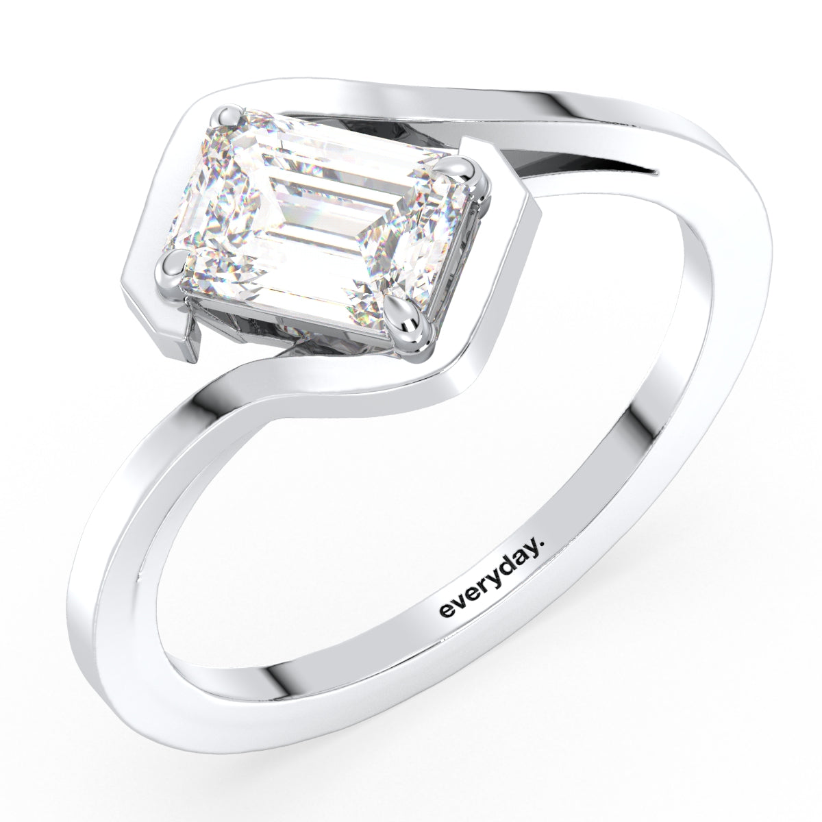 KATE EMERALD CUT LAB GROWN DIAMOND SOLITAIRE STYLIZED BYPASS ENGAGEMENT RING, GOLD