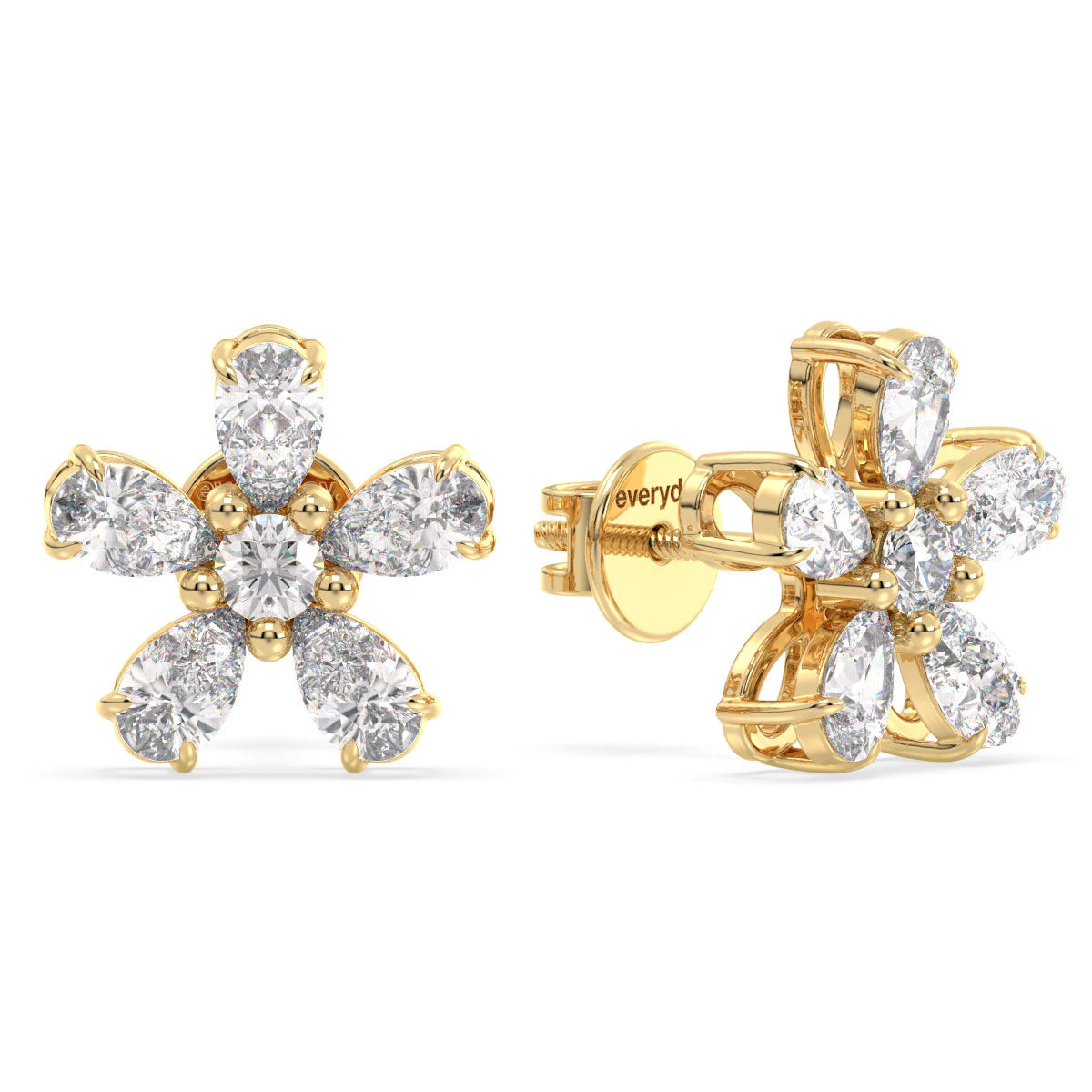 MARGUERITE LAB GROWN DIAMOND FIVE PETAL CLASSIC EAR STUDS, GOLD